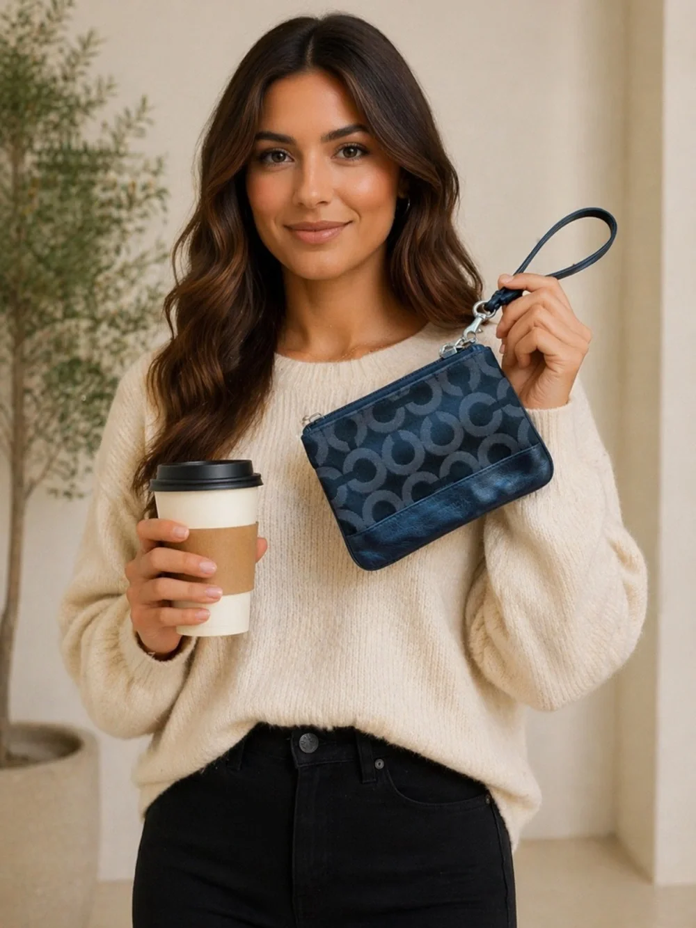 COACH Signature C Mini Wristlet Black Monogram Zip Wallet Pouch Canvas Clutch - Picture 3 of 16